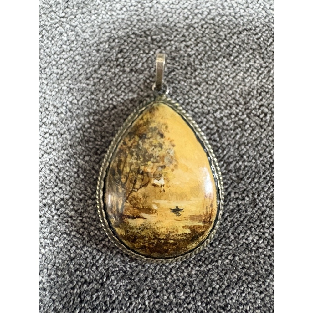 Vintage Russian Sterling Silver & Hand Painted Fedoskino‎ Landscape Pond 1991